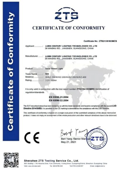 Official CE certificate of conformity verifying European Union electrical safety and EMC compliance for solar street lighting systems.