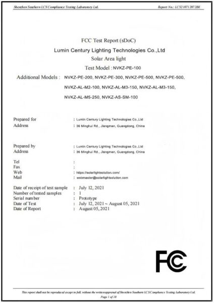FCC test report document verifying electromagnetic interference compliance for intelligent solar street light controllers.