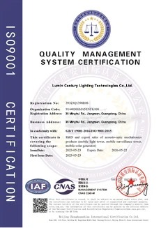 Official ISO 9001:2015 quality management system certification document for Lumin Solar Solutions solar lighting manufacturing.