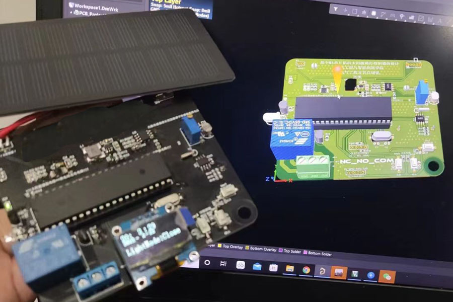 Engineered PCB circuit board with custom MPPT firmware and BMS power management for solar street lights.