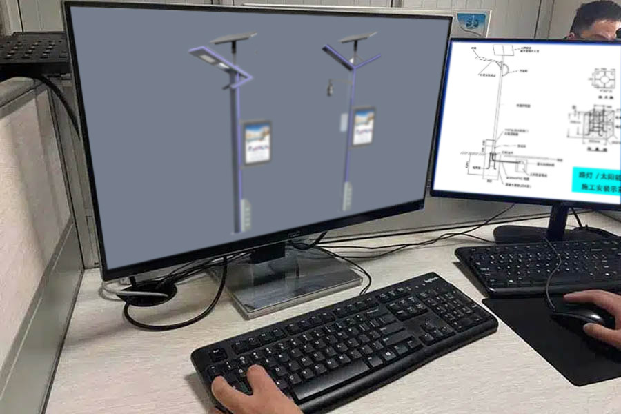 Dual monitors displaying 3D CAD models and structural engineering drawings for OEM solar street light customization.