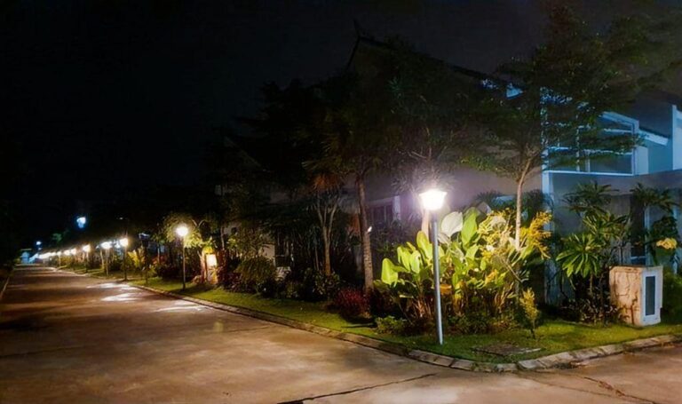 Off-grid solar garden and pathway landscape lighting installed at a luxury resort villa in Bali, Indonesia.
