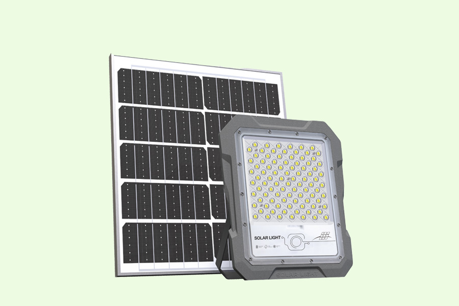Heavy-duty IP66 commercial solar flood light with die-cast aluminum body and motion sensor by Lumin Solar Solutions.