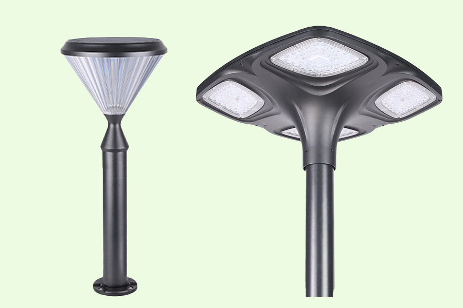 Side-by-side product view of Lumin Solar Solutions outdoor commercial lighting, featuring a modern solar pathway lawn light on the left and a multi-LED panel post-top courtyard garden light on the right.