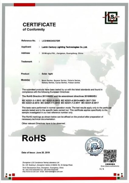 RoHS compliance certificate confirming hazardous-substance-free components in Lumin Solar Solutions products.