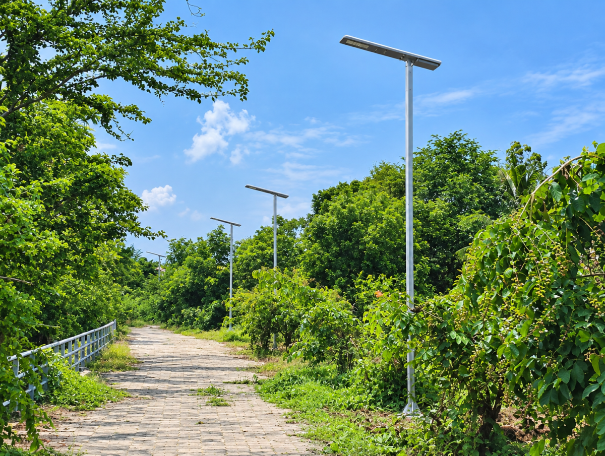 NV Series off-grid solar street lights installed on tall steel poles along a paved tropical road in Thailand under a clear blue sky.