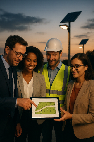 Engineering consultant in a hard hat collaborating with project managers on a digital tablet at a Lumin Solar Solutions outdoor lighting site.