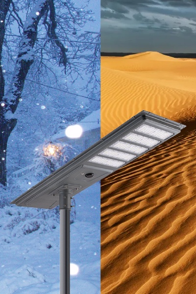 Split graphic of an integrated solar street light withstanding freezing winter ice and hot desert sand conditions by Lumin Solar Solutions.