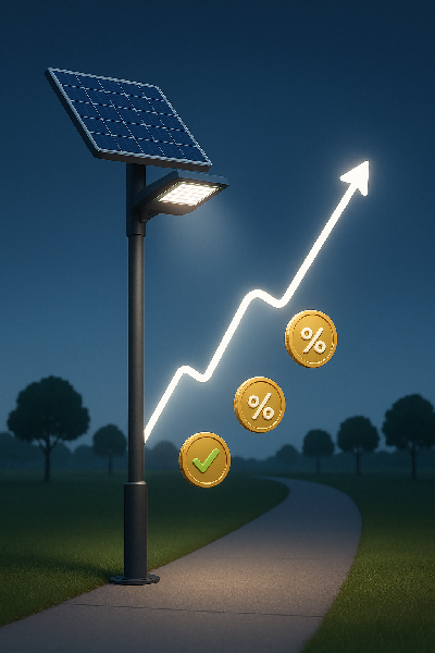 Graphic illustration of a high-efficiency solar street light pole with an upward financial growth arrow and cost savings percentage icons by Lumin Solar Solutions.