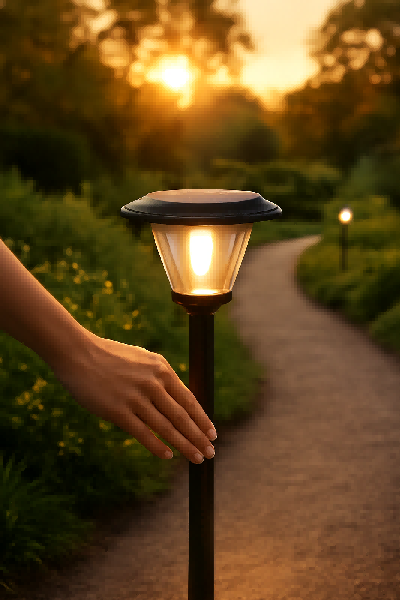Close-up of a hand inspecting an architectural solar bollard light on a paved park pathway at dusk by Lumin Solar Solutions.