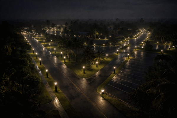 aerial night tropical resort empty pathways overlit lighting