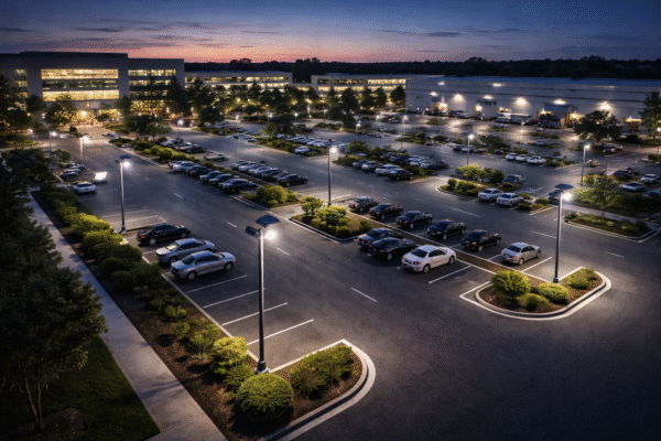 commercial industrial park solar lighting aerial view cover
