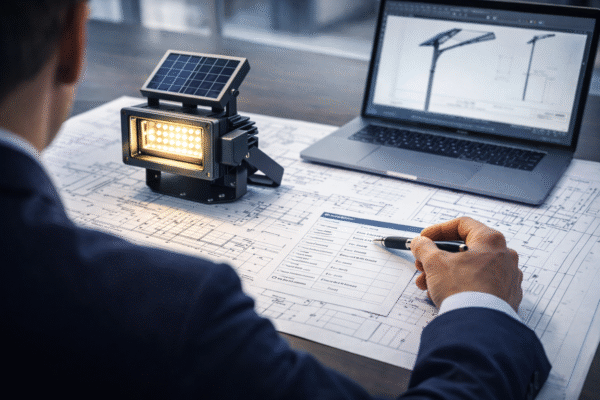 A professional engineer reviews solar street light blueprints and specifications during an OEM/ODM project consultation meeting, evaluating customization options.