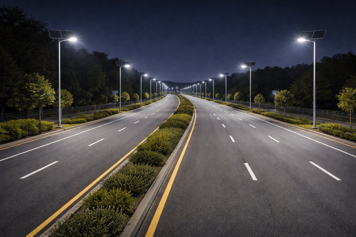 Multilane municipal highway lit by Lumin Solar Solutions commercial solar street lights with uniform light distribution at night.