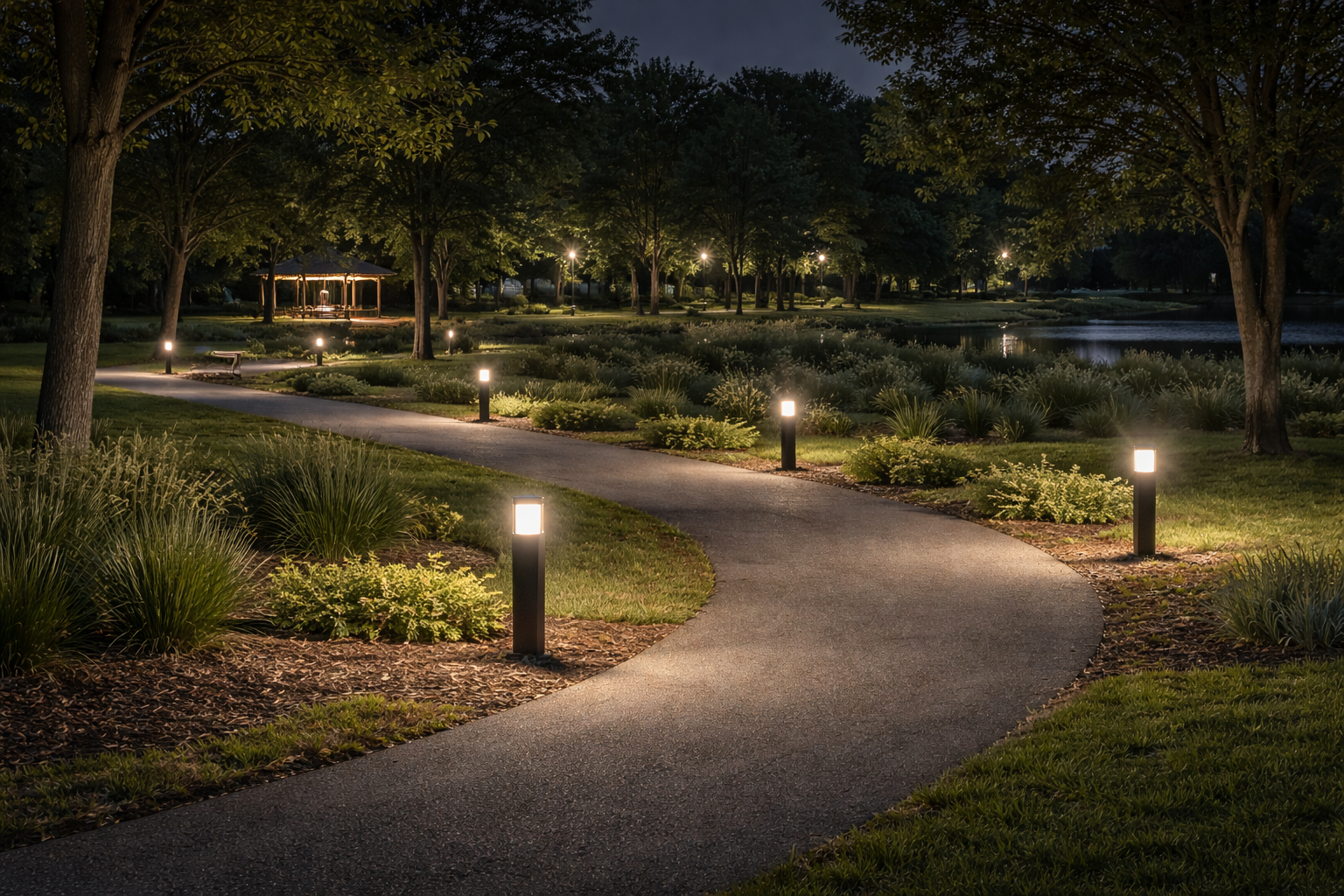 Pedestrian park pathway and landscaped public garden softly lit by Lumin Solar Solutions solar bollards and post-top garden lights.