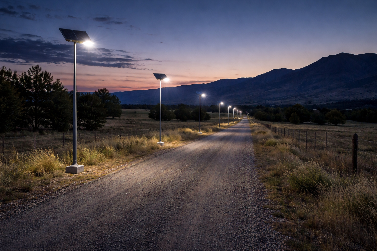 Remote mountain rural road illuminated by standalone off-grid Lumin Solar Solutions solar street lights under twilight sky.