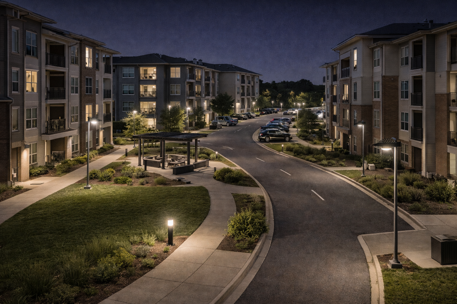Residential community road and courtyard paved walkway illuminated by Lumin Solar Solutions solar street and courtyard post-top luminaires.