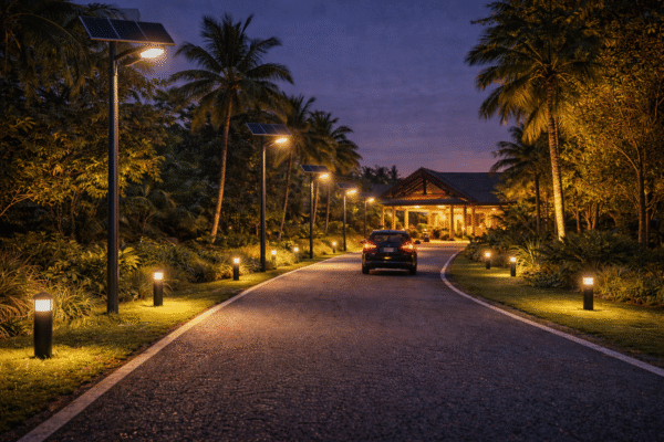 Tropical resort entrance driveway at night with motion-activated solar street lights guiding incoming vehicles