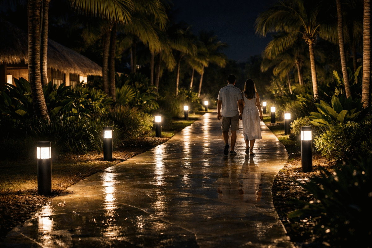 luxury tropical resort pathway solar led bollard lighting night