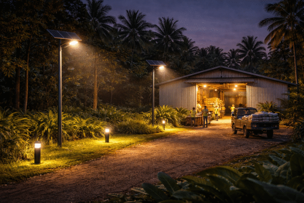 Remote tropical plantation warehouse with solar flood lights activating only during worker activity, off-grid night operation.
