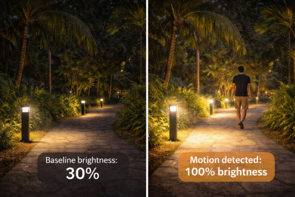 Comparison of pathway lights at low 30% brightness and full 100% brightness as a person walks through a tropical garden.