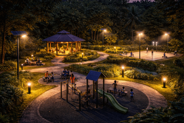 Sustainable tropical outdoor solar LED lighting system operating reliably over time, minimal maintenance required.