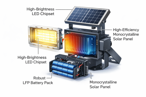 solar floodlight cutaway diagram internal components LED battery