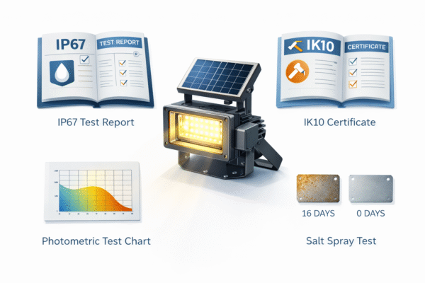 solar floodlight quality certification chain IP67 IK10 test reports