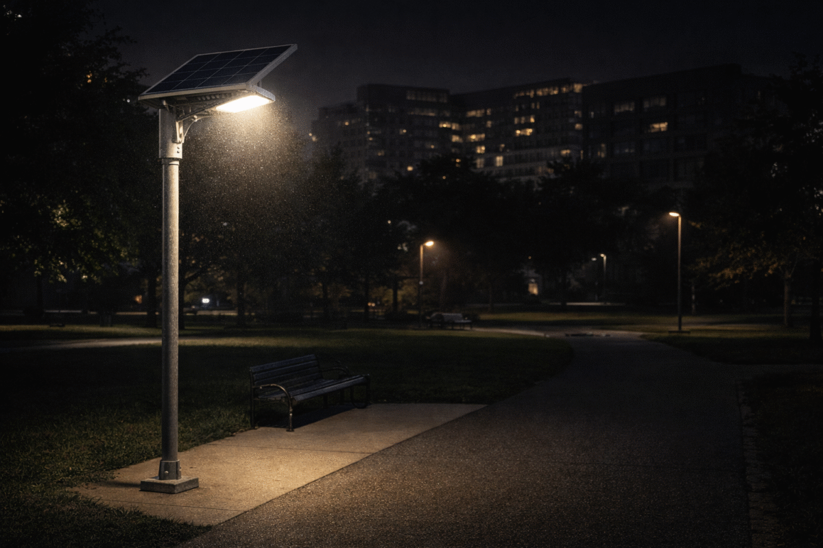 vandal resistant solar street light urban safety night scene