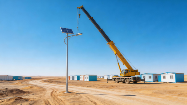 Construction crane deploying integrated solar street lights along a major municipal road corridor in Eldoret, Kenya.