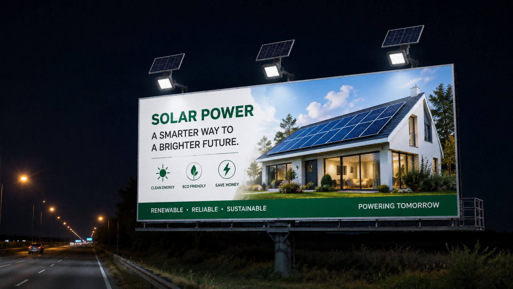 Top-mounted solar flood light providing CRI>80 uniform wall washing illumination across a highway billboard with Quasar QSKZ-AL-2835.
