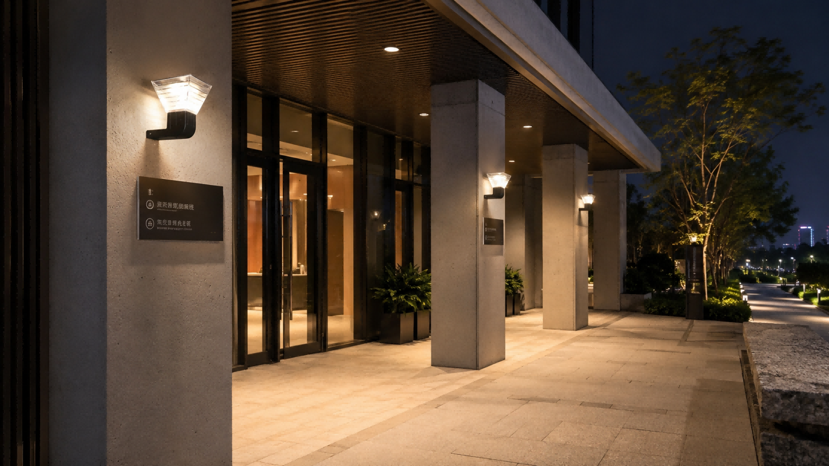 Solar wall lights mounted on building entrance pillars casting soft glare-free illumination on stone access walkways at night.