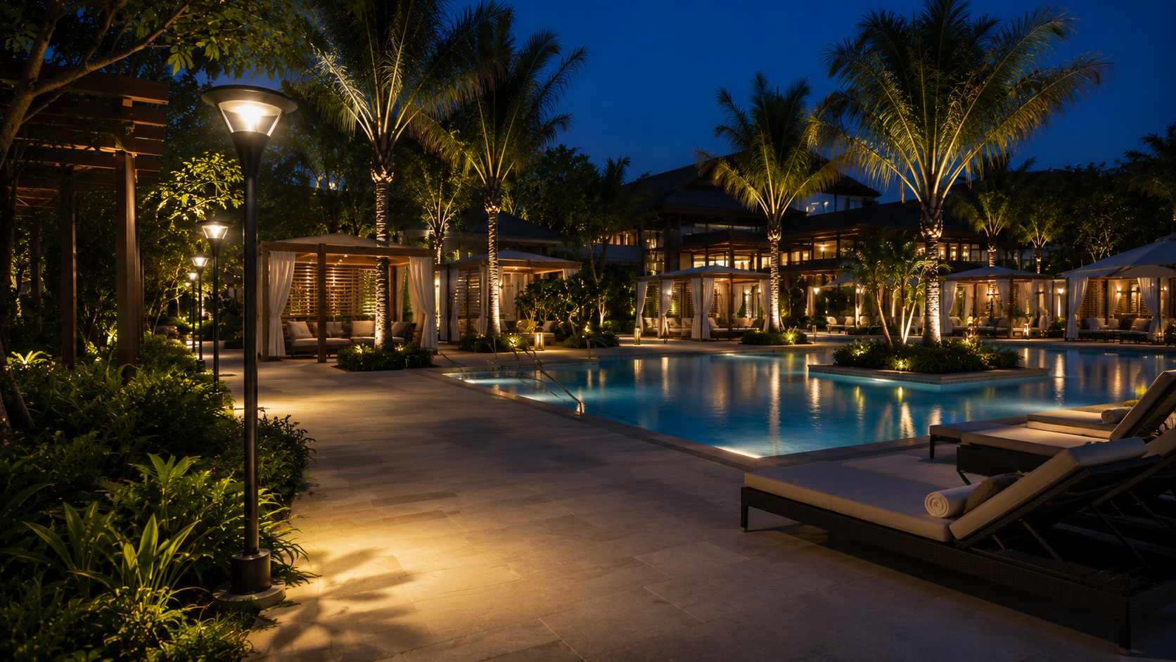 Luxury resort hotel grounds illuminated by architectural solar post-top lights and lawn bollards.