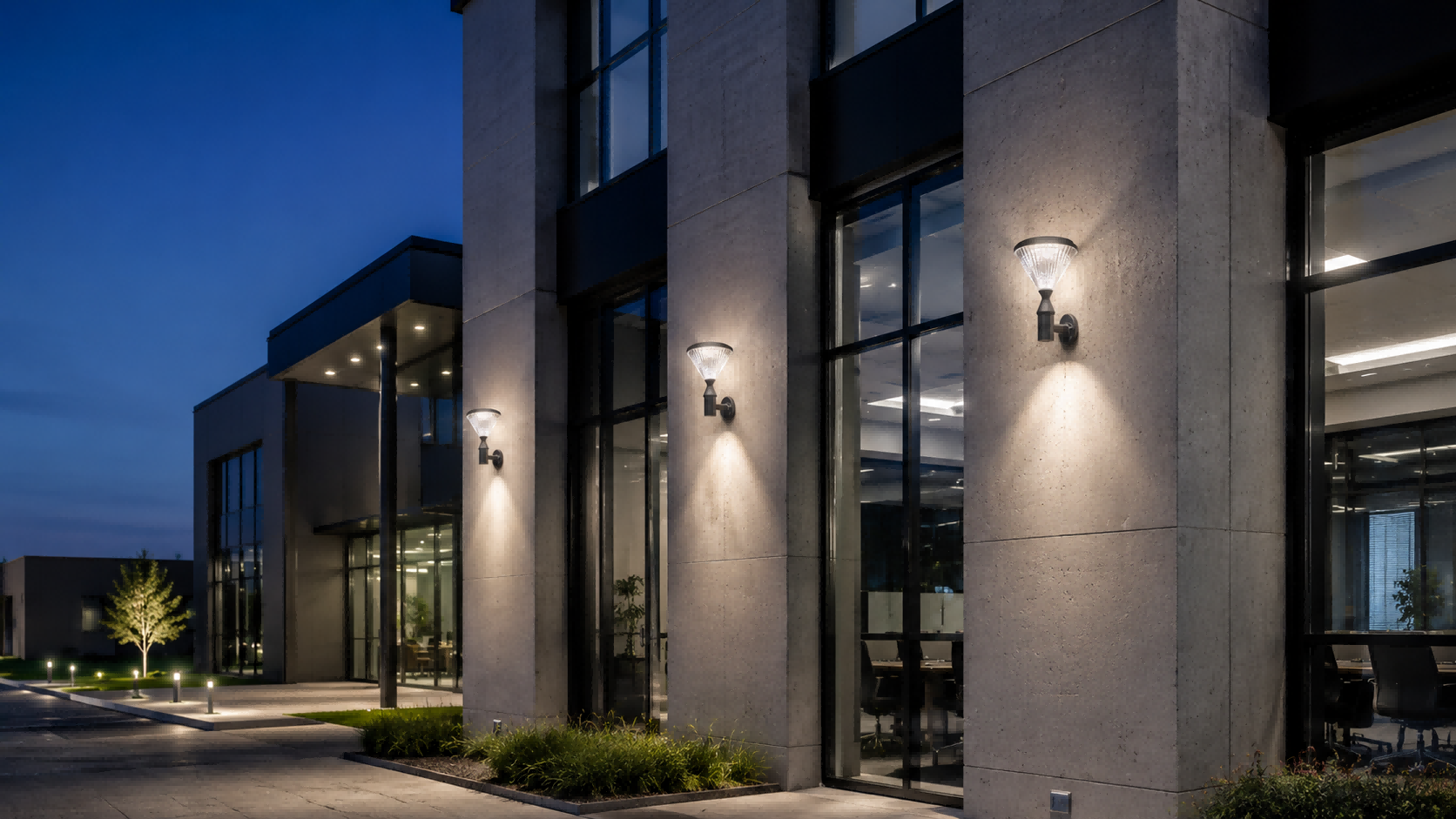 Commercial-grade solar wall-pack lights mounted on concrete building facade panels casting uniform 4000K neutral white wall-washing light at twilight.