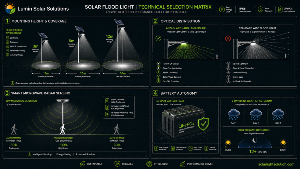 Commercial solar flood light engineering selection matrix illustrating mounting height coverage (3m-12m), anti-glare nano lens optics, 360 radar sensing, and LiFePO4 battery autonomy.