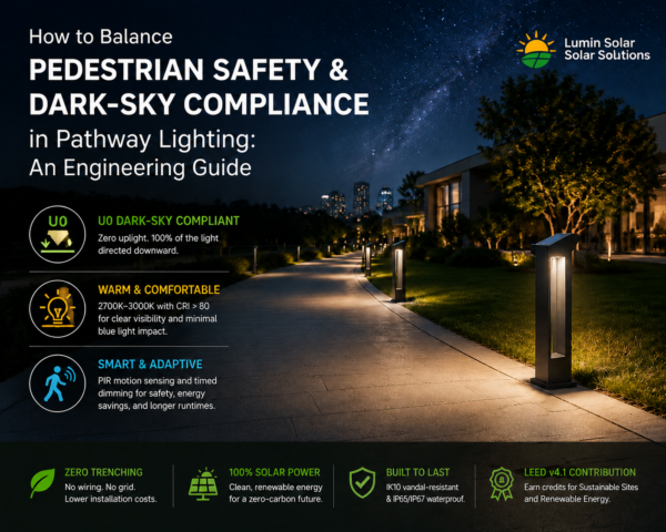 Dark sky compliant solar pathway lighting illuminating a pedestrian walkway with safe downward LED lighting, motion sensing, and sustainable solar power solutions by Lumin Solar Solutions.