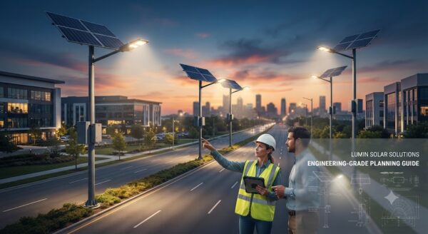 Engineers reviewing planning blueprints and specifications for commercial and municipal off-grid solar street lights along a modern roadway