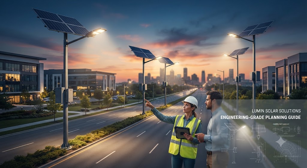Engineers reviewing planning blueprints and specifications for commercial and municipal off-grid solar street lights along a modern roadway