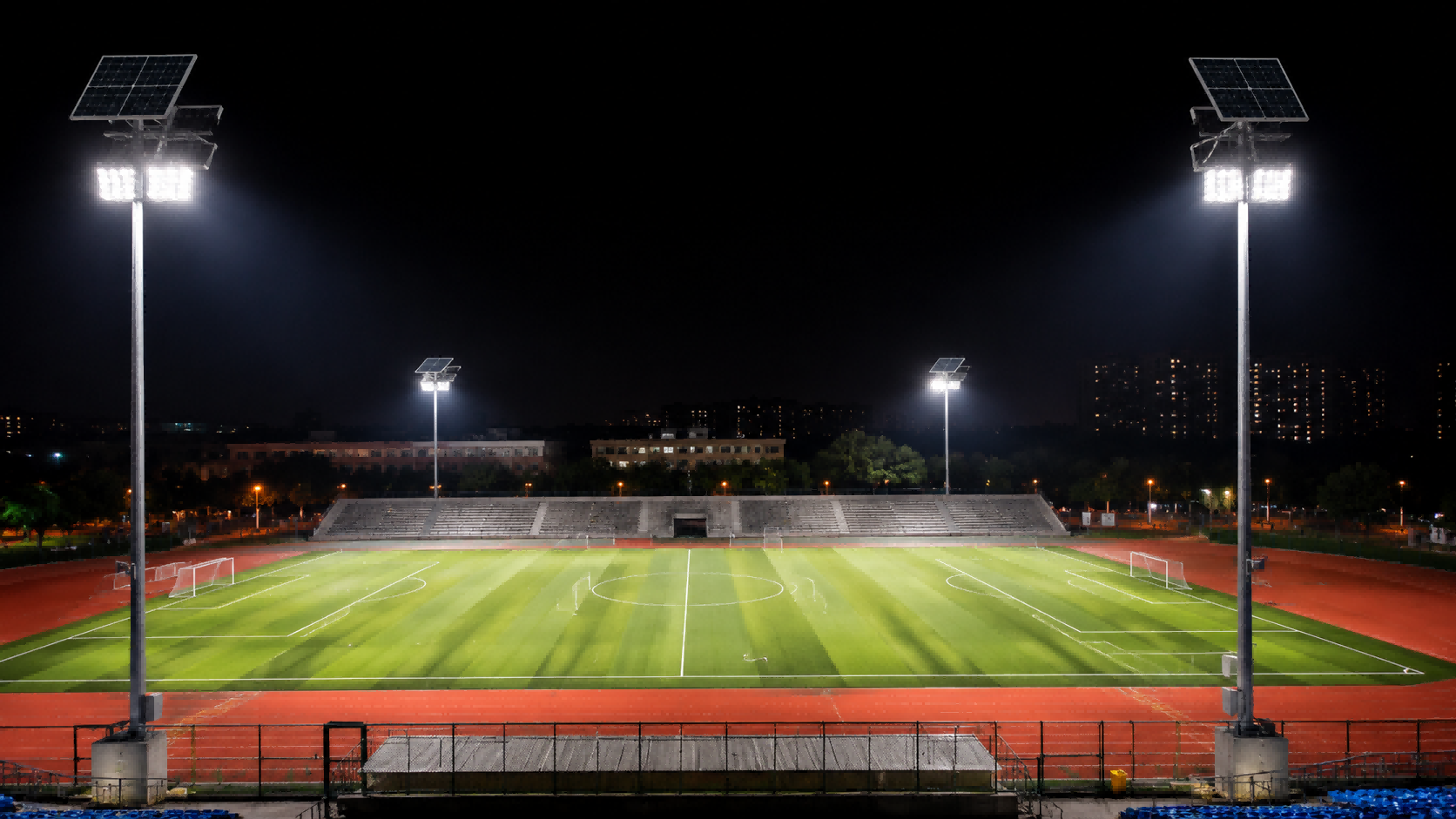 High-mast 12m pole solar flood light array illuminating an outdoor sports arena and stadium field using Quasar QSJMBW-X00.