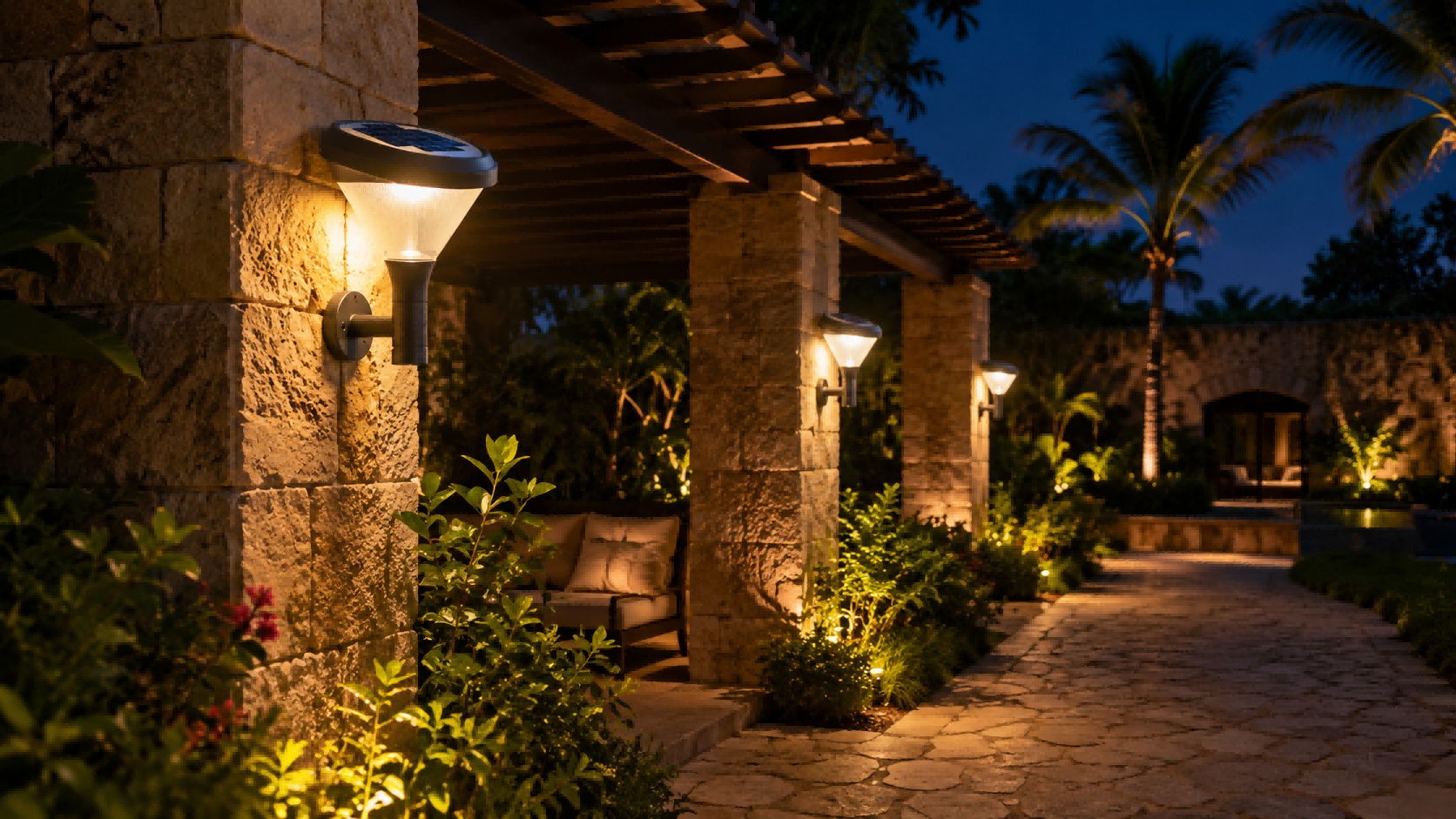 Luxury solar wall lights mounted on stone garden wall posts casting 3000K warm white ambient lighting in a resort courtyard.