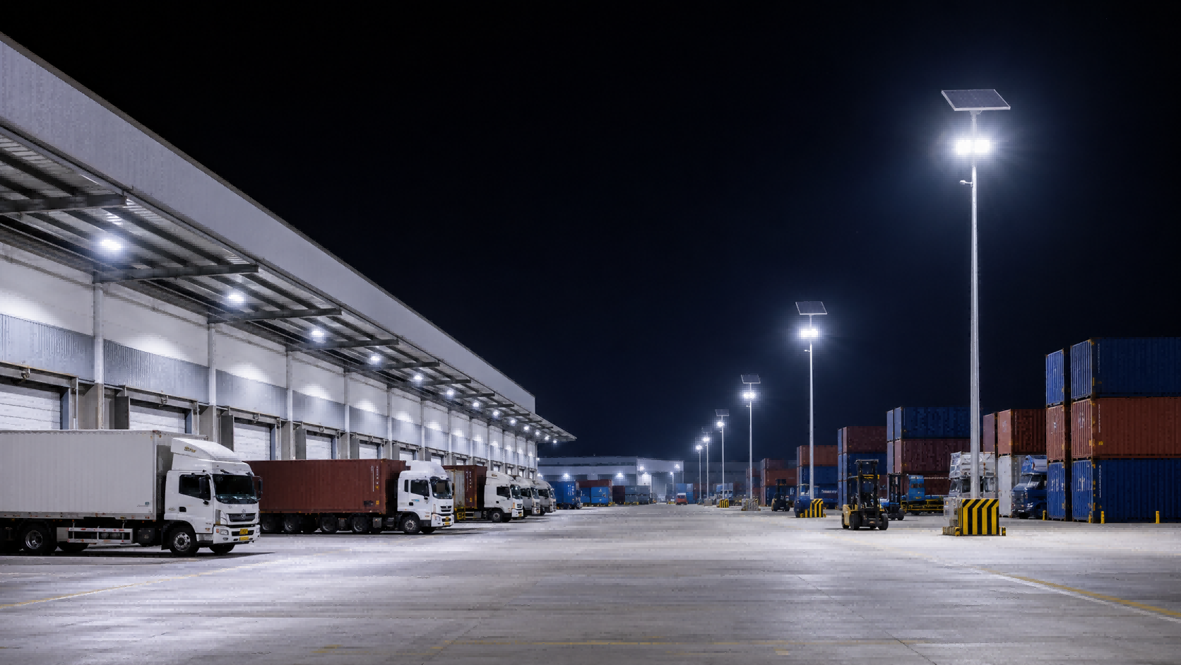 Commercial solar flood light illuminating an industrial logistics yard and warehouse loading bay with anti-glare nano lens optics and Quasar QSJMSAR-X00 lights.