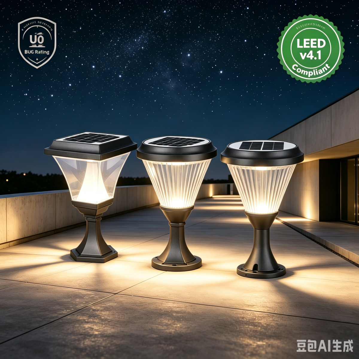 Three modern solar-powered bollard lights with U0 BUG rating illuminated on a paved patio terrace under a starry night sky, labeled LEED v4.1 compliant for eco-friendly outdoor architectural lighting.