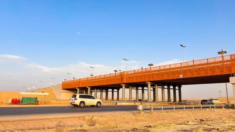 Nova Series solar street lights installed on an urban highway overpass in extreme heat conditions in Dubai, UAE.