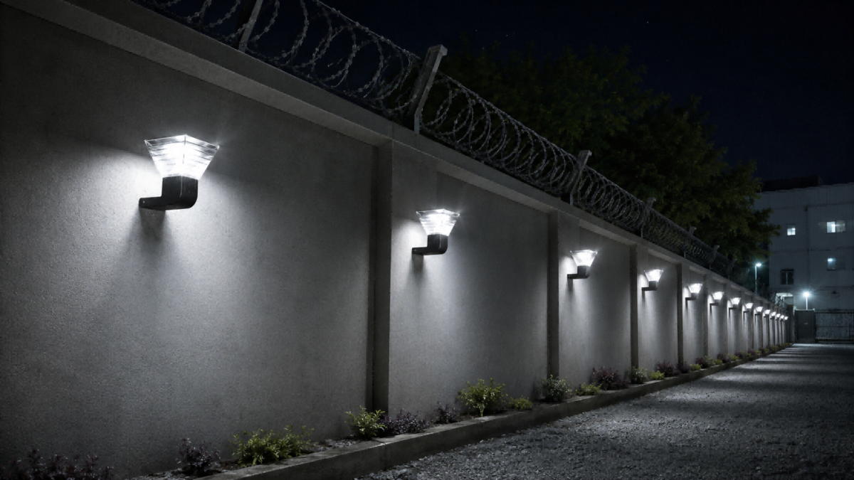 Industrial solar wall-pack lights with motion sensors mounted on a concrete boundary wall providing 6000K security illumination.