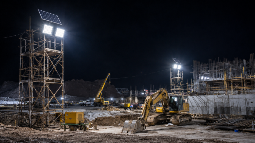 Heavy-duty IP67 solar flood light on temporary scaffolding illuminating night construction machinery with Quasar QSKZ-AL-3030.