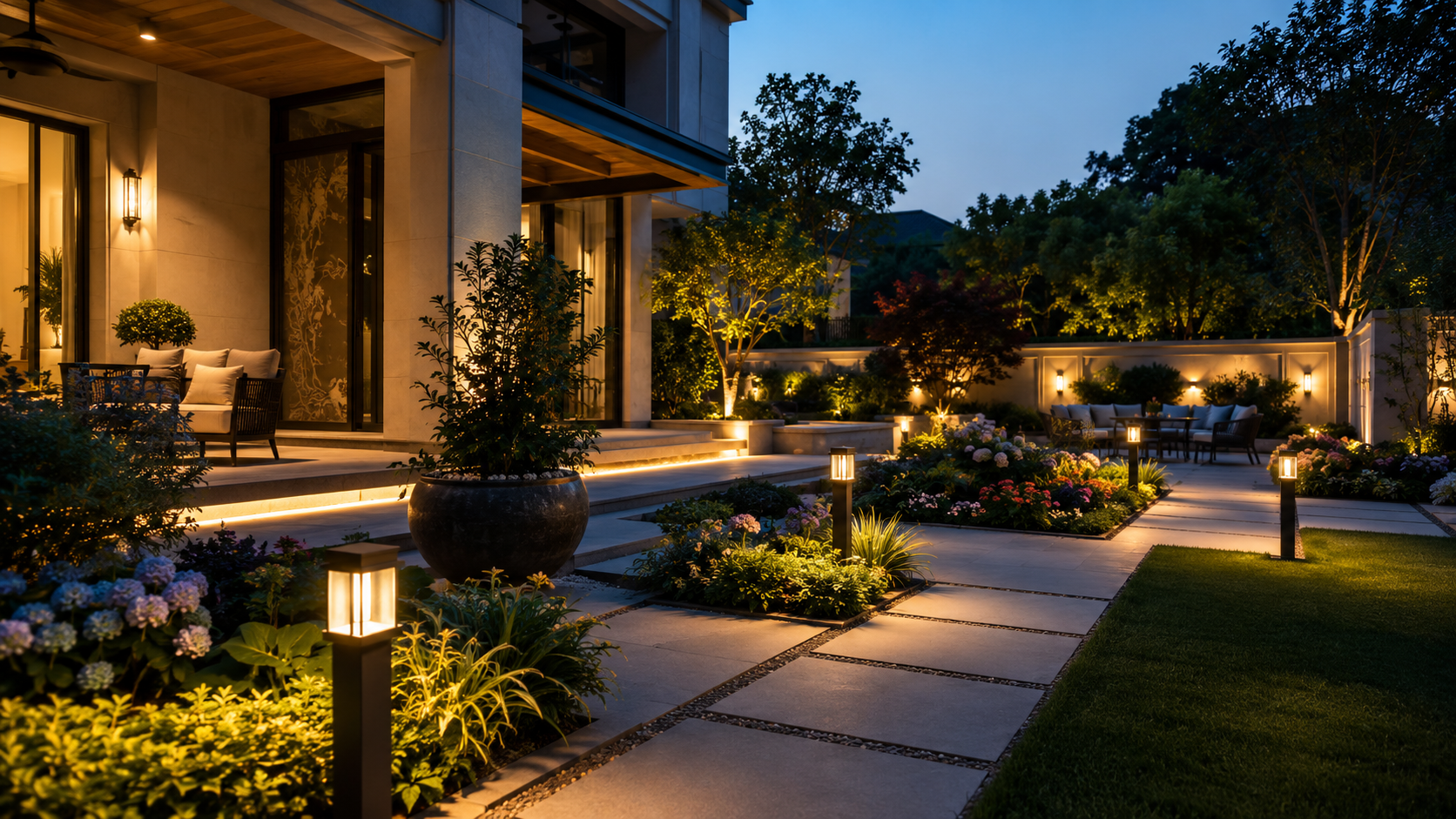 Off-grid solar garden lights providing dark-sky friendly perimeter lighting for a residential community.