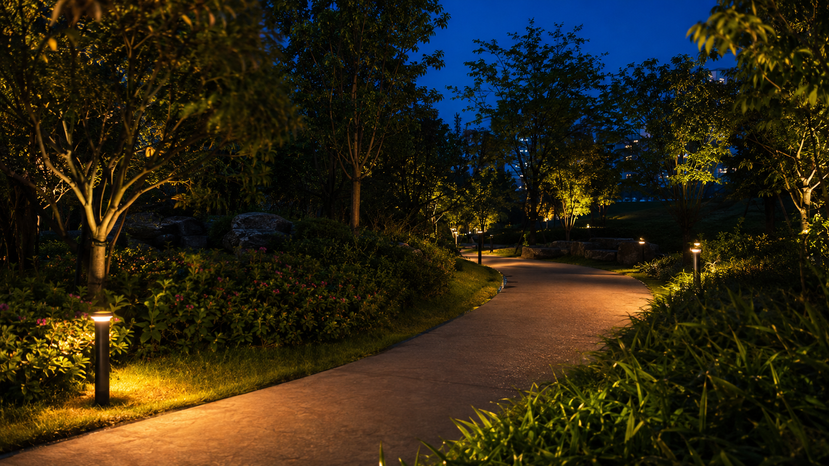 Low-glare solar pathway lights guiding pedestrians along a curved greenway park trail.