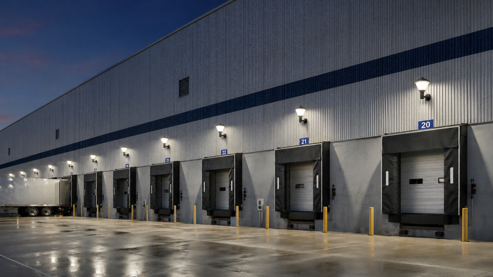 Industrial IP65 solar wall-pack lights mounted above warehouse loading dock doors illuminating freight bay operations.