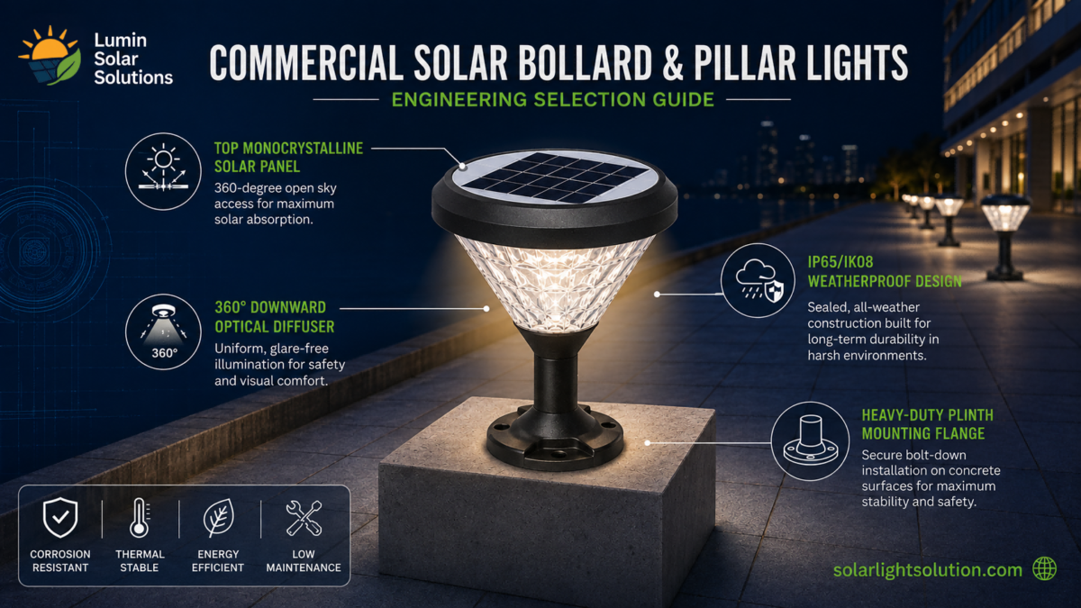 Technical selection guide diagram for commercial solar bollard & pillar lights featuring callout lines, 360-degree optical light cone, top PV panel exposure, and concrete pillar base mounting specs.