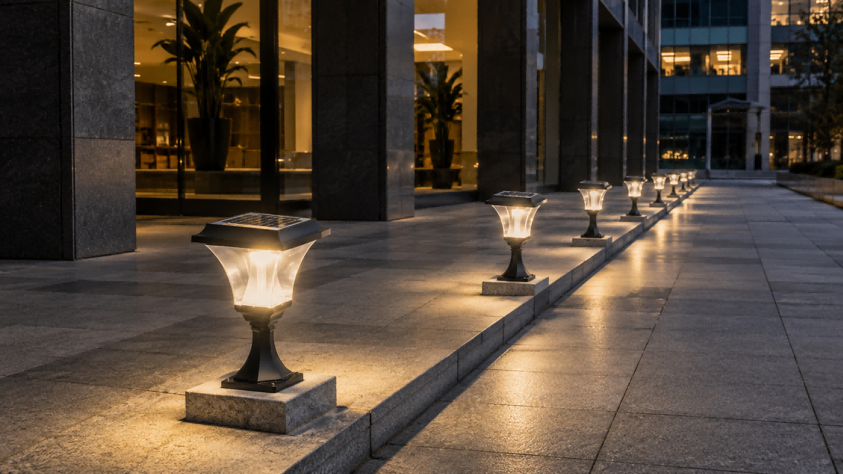 Heavy-duty square commercial solar pillar lights surface-mounted on concrete plinths along a modern granite paved office walkway at twilight.